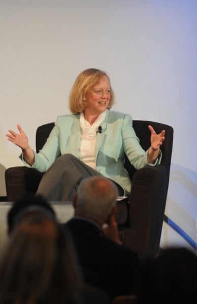 Meg Whitman, CEO of Hewlett Packard, shared her views on the economy Friday afternoon at the 2012 Stanford Institute for Economic Policy and Research (SIEPR) Economic Summit. (MADELINE SIDES/The Stanford Daily)