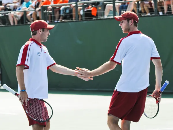 Seniors Bradley Klahn (left) and Ryan Thacher captured their second consecutive Pacific Coast Doubles title on Sunday, making them the first to win the crown in consecutive years since former Stanford All-Americans Jared Palmer and Jonathan Stark did so in the early 1990s. (SIMON WARBY/The Stanford Daily)