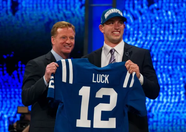 First overall pick and new Indianapolis Colt Andrew Luck stands with NFL commissioner Roger Goodell after being picked first overall. (HOWARD SMITH/The Stanford Daily)