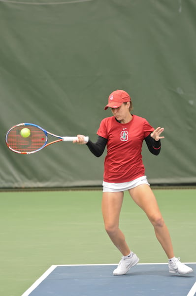 Sophomore Nicole Gibbs battled back from a 4-3 second-set deficit to beat Santa Clara's Katie Le 6-2, 6-4. Stanford had a near-perfect match against the Broncos, and didn't drop a single set in the early-morning Saturday matchup. (SIMON WARBY/The Stanford Daily)