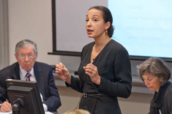 Economics Professor Caroline Hoxby, center, argued in favor of the Study of Undergraduate Education at Stanford (SUES) recommendation to mandate two classes in four breadth areas. (Courtesy of LInda A. Cicero/Stanford News Service)