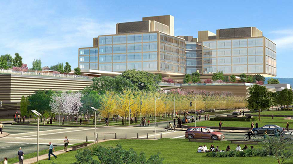 The new Stanford Hospital complex will begin construction in 2013 and open in 2018. The project has already raised $500 million from corporate partners in Silicon Valley and individual donors. (Rendering by Rafael Viñoly Architects)