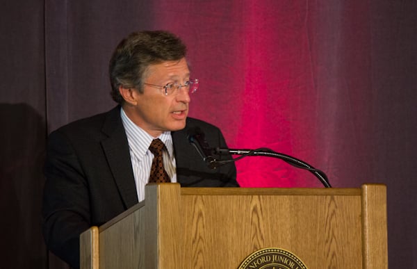 Provost and Acting President John Etchemendy delivered concluding remarks at a Monday event celebrating sustainability initiatives and introducing the University's plan for sustainability over the next five to 10 years. (ROGER CHEN/The Stanford Daily)