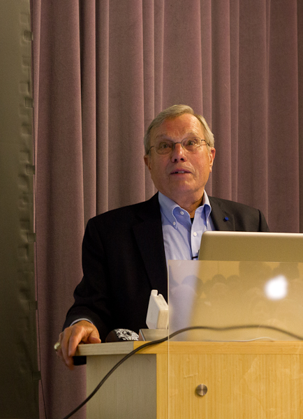 Professor emeritus Bradford Parkinson gave a "Stanford Engineering Hero" lecture Monday evening. Parkinson, known as the architect of the GPS, discussed GPS technology and future applications (ROGER CHEN/The Stanford Daily)