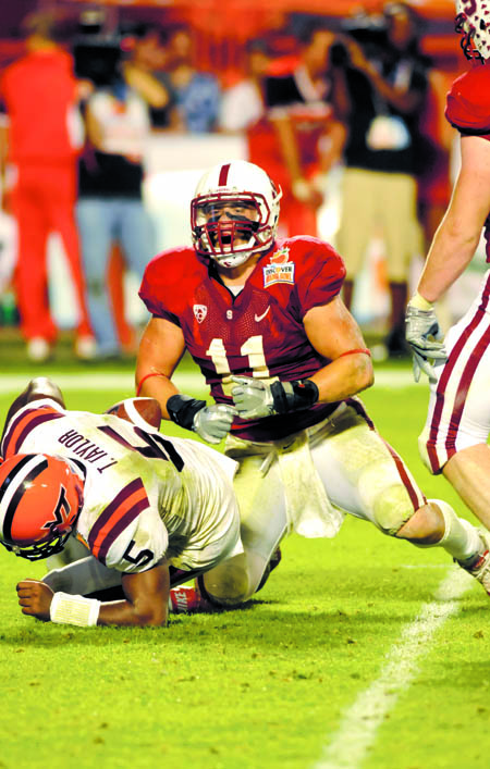 Junior linebacker Shayne Skov was reinstated to the Stanford football team five months after a January DUI incident, which led to a one-game suspension. Above, Skov records one of his three sacks in the Jan. 3, 2011 Orange Bowl. (SIMON WARBY/The Stanford Daily)