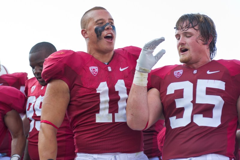 Then-juniors Shayne Skov (center) and Jarek Lancaster (right) celebrate after a 57-3 win over San Jose State on Sept. 3, 2011. Just two weeks later, when Skov injured his ACL and MCL, Lancaster was forced to fill in for the Cardinal's star linebacker, and the rest is history. Lancaster would lead the team with 70 tackles last season. (JIM SHORIN/StanfordPhoto.com)