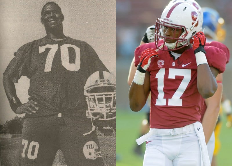 As Bob Whitfield (left) prepared to depart for the NFL after three Cardinal seasons, he told The Daily that he would “shell out $20,000 for my last year to come back and go to school.” Tuition has gone up considerably since his last season in 1991, but Bob has fulfilled his promise, completing his degree just as his son Kodi (right) began taking classes and practicing with this year’s Stanford squad. (RAJIV CHANDRASEKARAN/The Stanford Daily, SIMON WARBY/The Stanford Daily)