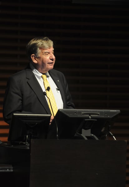 William G. Bowen, former president of Princeton University, discussed how online education could help fix crippling student debt in a two-part lecture held on Wednesday and Thursday. (MEHMET INONU/The Stanford Daily)