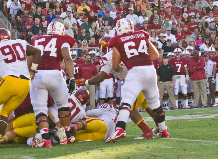 Redshirt senior center Sam Schwartzstein (64) is a preseason candidate for the Rimington Trophy and last year helped the Stanford offensive line set a school record for touchdown passes.