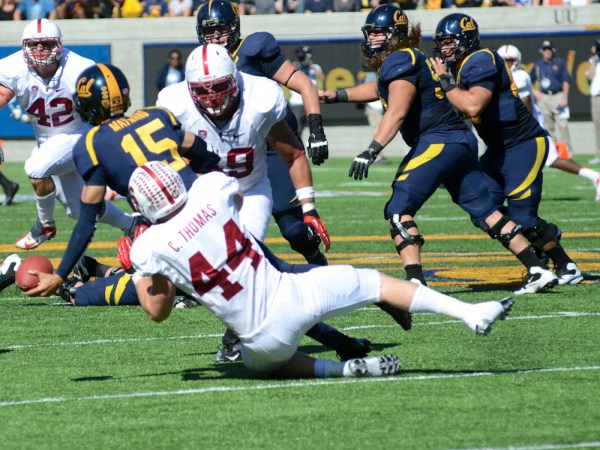 Senior linebacker Chase Thomas (44) had as many tackles for a loss, four, as did the entire California defense during Stanford's 21-3 victory on Saturday (ROGER CHEN).
