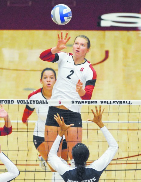 Junior middle blocker Carly Wopat and the Stanford defense face a tough test this week as No. 6 USC and No. 7 UCLA pay a visit to Maples Pavilion (Stanford Daily File Photo).