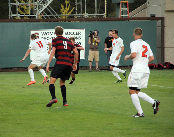 Adam Jahn (No. 9), awaiting a pass above, will play what will likely be his final game of college soccer today at Cal. Jahn and his three fellow seniors haven't made the postseason since they were freshmen and are a longshot for a tournament bid this season. (AVI BAGLA/The Stanford Daily)