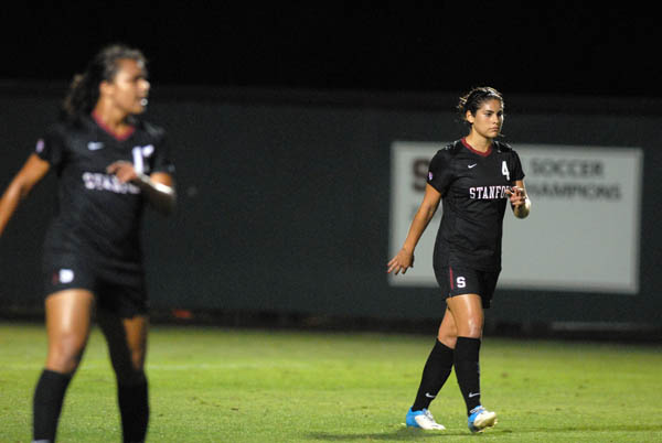 Senior defender Alina Garciamendez (right) proved herself as a clutch playoff performer last year when she scored a goal in the national semifinal against Florida State. She will help Stanford begin its defense of the 2011 NCAA title tonight when it opens the postseason against Idaho State. (AVI BAGLA/The Stanford Daily)