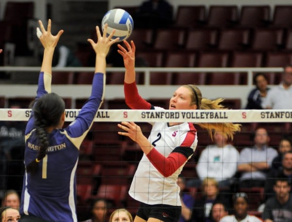 Carly Wopat (2) continued her run of stellar play as Stanford swept past Washington and Washington State (SAM GIRVIN/The Stanford Daily).