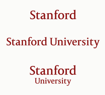 The Stanford Wordmark, the University Signature and the Stacked University Signature are the basic configurations of the new logo. (Source: identity.stanford.edu)