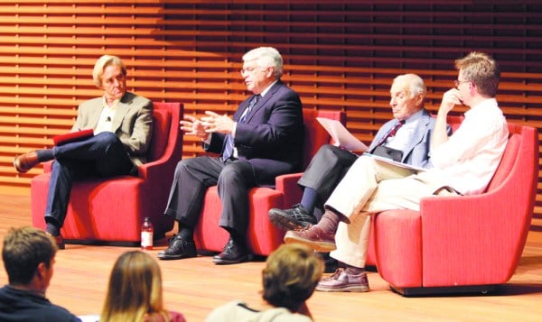 PoliSci 51K students attended a debate between economists John Taylor and Kenneth Arrow as part of an October lecture in the Election 2012 class. (ALISA ROYER/The Stanford Daily)