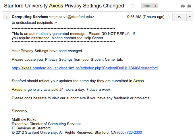 Text of a phishing email sent from a stanford.edu email address on Monday morning.