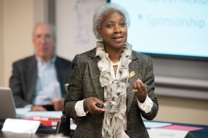 Senior Associate Dean Dr. Hannah Valentine speaks to the Faculty Senate about initiatives at the Medical Center during the Report on the Status of Women Faculty.(Linda A. Cicero / Stanford News Service)