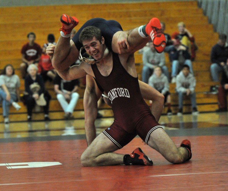 It was tough sledding for the Stanford wrestling team on Sunday, as the Card fell to Rutgers, Arizona State and Penn. Redshirt junior Bret Baumbach, however, earned two victories at 165 pounds. (MIKE KHEIR/The Stanford Daily)