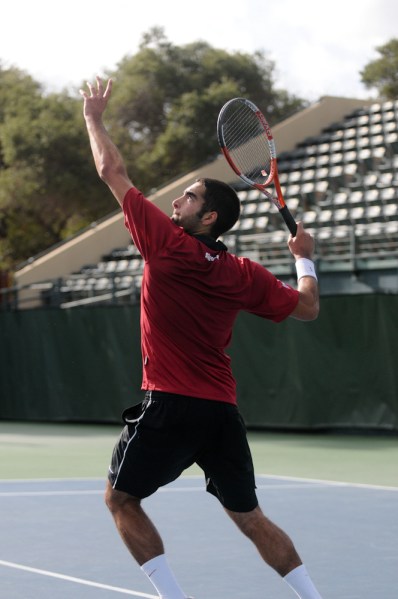 Senior Matt Kandath dropped the first set of his season-opening match against Sacramento State 0-6, but bounced back with a pair of 6-3 wins to earn his first victory of the season. (NICK SALAZAR/The Stanford Daily)