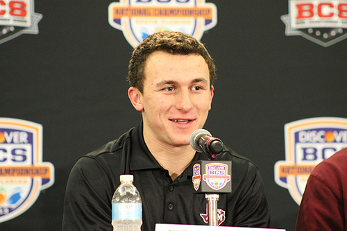 Texas A&M quarterback and Heisman Trophy winner Johnny Manziel at a press conference for the BCS National Title Game (Photo by Matt Velazquez).