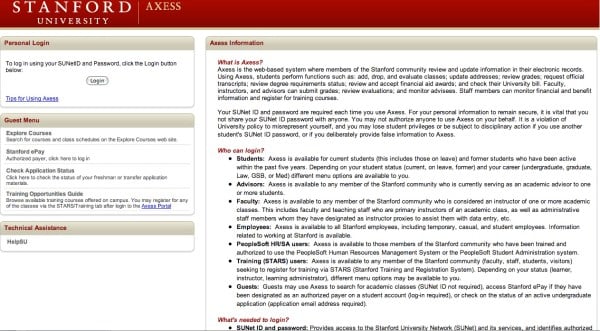 According to Stanford Administrative Systems services, Axess is currently in the process of comprehensive remodeling, set to be completed within a few years. (Screenshot taken by The Stanford Daily)