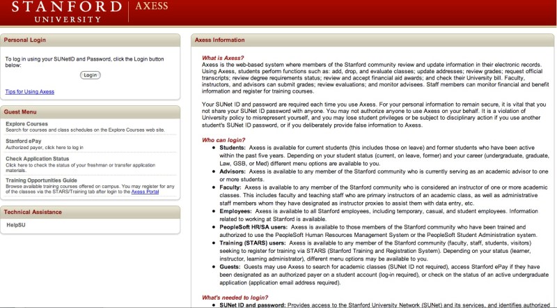 According to Stanford Administrative Systems services, Axess is currently in the process of comprehensive remodeling, set to be completed within a few years. (Screenshot taken by The Stanford Daily)