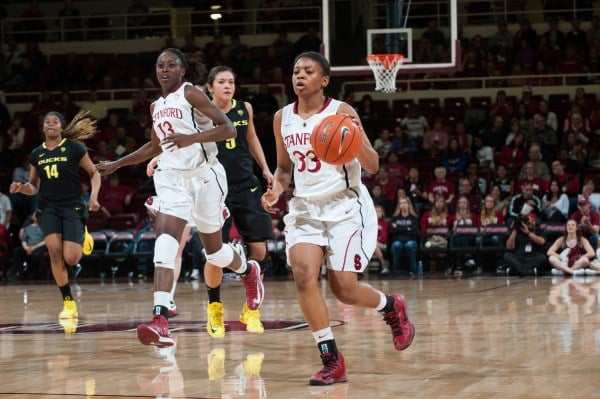 Stanford sophomore guard Amber Orrange (33) and junior forward Chiney Ogwumike (13) both scored double figures to overcome Tulsa in the First Round of the NCAA Tournament at Maples Pavilion on Sunday. (DON FERIA/isiphotos.com)