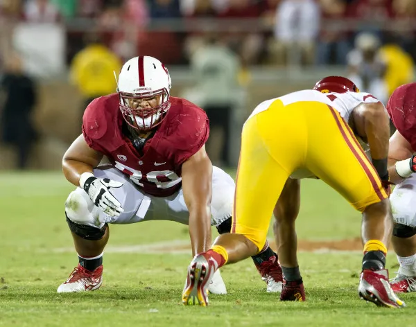 Though played most of his freshman season on the right side of the line, Andrus Peat has solidified his role as Stanford's starting left tackle for 2013 by dominating the Cardinal's first spring practice session. (DAVID BERNAL/isiphotos.com)