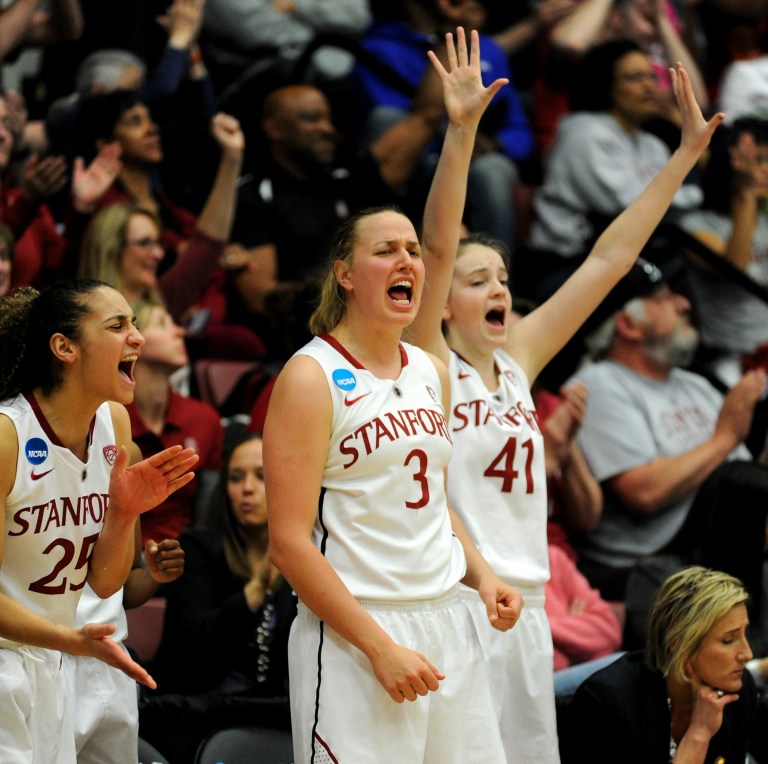 Sophomores Erica Payne (left) and Bonnie Samuelson (right), and redshirt Junior Mikaela Ruef (center) received Pac-12 All Academic honors along with juniors Toni Kokenis and Chiney Ogwumike. MIKE KHEIR/The Stanford Daily)