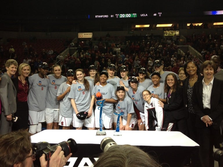 The Stanford women's basketball team captured its seventh straight Pac-12 Tournament title Sunday night in Seattle, edging No. 14 UCLA 51-49. (Courtesy of Stanford Athletics)