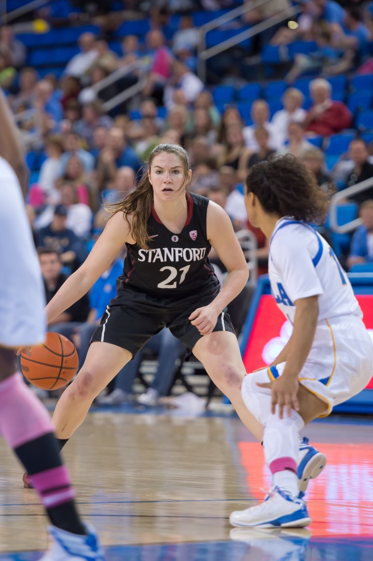 Junior Sara James, pictured in a win at UCLA last month, hit a career-high five threes on Friday night as Stanford advanced past Washington State in the Pac-12 Tournament Quarterfinals. (ROB ERICSON/StanfordPhoto.com)