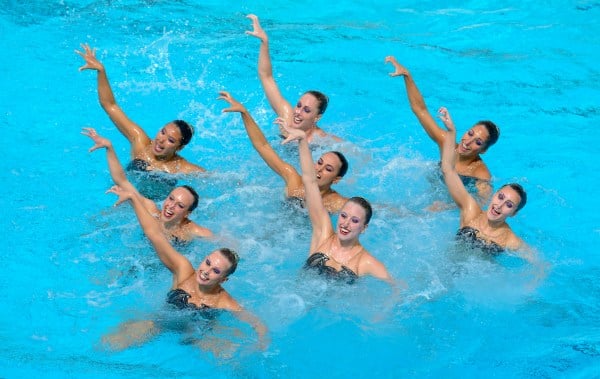Stanford synchronized swimming swept the team, duet and trio finals on Saturday at Avery Aquatics Center, capturing its eighth national championship and first since 2008. (HECTOR GARCIA-MOLINA/StanfordPhoto.com)