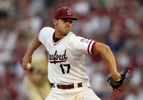 Junior pitcher AJ Vanegas (17) picked up a clutch save as Stanford topped Cal 4-3. (DONALD MONTAGUE/StanfordPhoto.com)