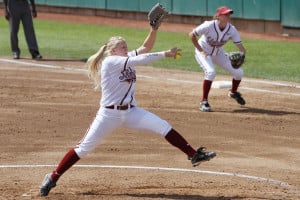 Senior pitcher Teagan Gerhart has recovered from a serious army injury in her freshman year to be currently third on Stanford's all-time innings pitched list, with 891.2 innings, and posting 99 victories. (RICK BALE/StanfordPhoto.com)