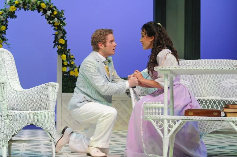 Austin Caldwell (Algernon Moncrieff) and Jessica Waldman (Cecily Cardew) in SST's production of Oscar Wilde's "The Importance of Being Earnest". Photo by Stefanie Okuda.