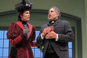 Courtney Walsh (Lady Bracknell) and Marty Pistone (Canon Chasuble) in Stanford Summer Theater's production of Oscar Wilde's "The Importance of Being Earnest". Photo by Stefanie Okuda.