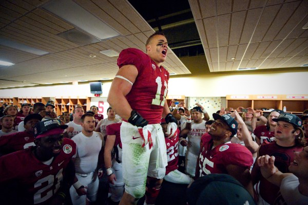 Shayne Skov (center), a vocal leader in the locker room, was one of four Stanford football players elected team captains on Wednesday night. (DON FERIA/isiphotos.com)