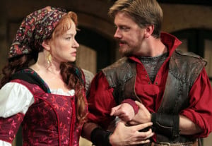 Kate (Gretchen Hall) wonders whether Petruchio's (Fred Aresenualt) marriage intentions are true in Shakespeare Santa Cruz’s 2013 production of "The Taming of the Shrew". Photo courtesy of Shakespeare Santa Cruz.