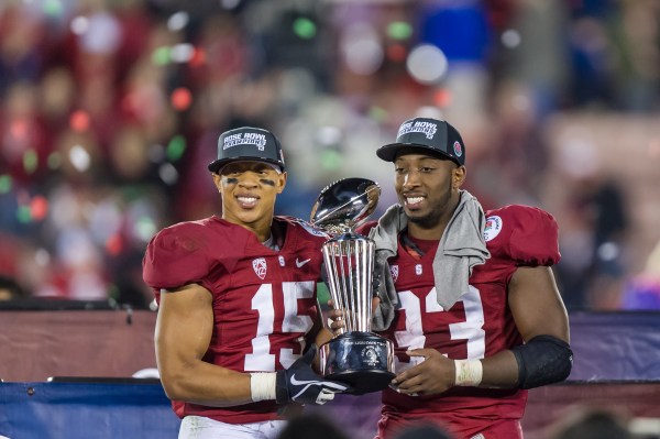 Nickelback Usua Amanam (15), co-MVP of the 2012 Rose Bowl Game, sat out both Saturday's scrimmage and Monday's practice.(Grant Shorin/Stanfordphoto.com)