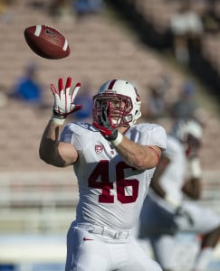 Senior Lee Ward is arguably the most physical member of Stanford's smashmouth trio of fullbacks. But in a position group known for its versatility, he's not above catching passes, either. (DAVID BERNAL/isiphotos.com)