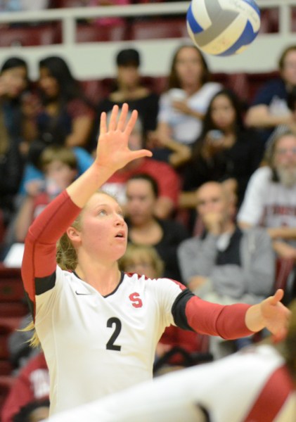 Senior middle blocker Carly Wopat (2) leads Stanford into Pac-12 play tonight at Cal. (VERONICA CRUZ/The Stanford Daily)