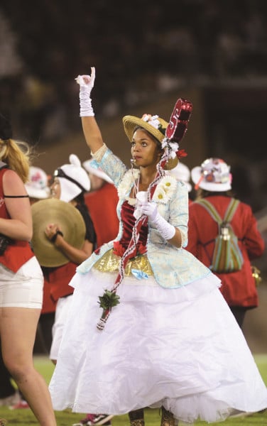 Drum Major Annalise Lockhart '14 shares her costume ideas with a listserv of former drum majors to ensure that there are no repeats. (SAM GIRVIN/The Stanford Daily)