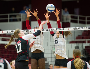 Sophomores Inky Ajanaku (left) and Jordan Burgess (right) let the Card in kills and blocks in the Card's third consecutive sweep. (DAVID BERNAL/isisphotos.com)