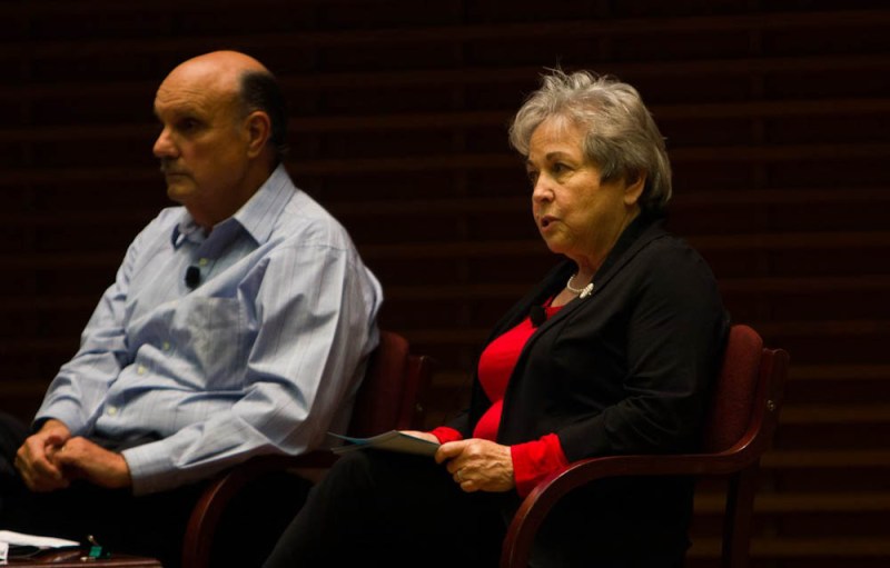 ROGER CHEN/The Stanford Daily.  Michael Kirst, president of the California State Board of Education and Rachel Lotan M.A ’81 M.A. ’83 Ph.D. ’85, director of the Stanford Teacher Education Program.