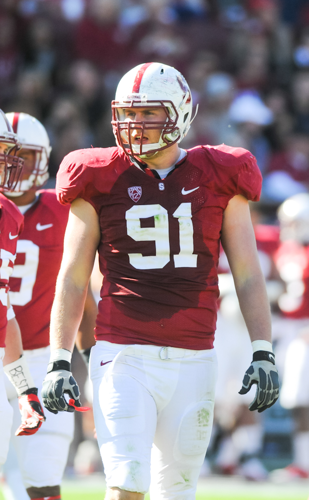 Senior defensive end Henry Anderson (91) will hopefully re-enter the lineup against Oregon since a knee injury suffered against Army has kept him off the field. (SIMON WARBY/The Stanford Daily)