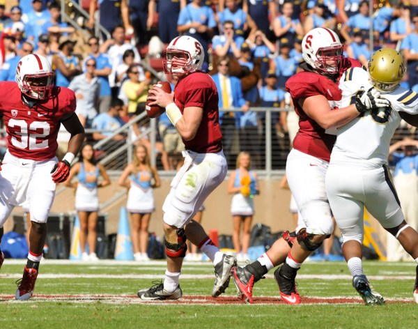 Junior quarterback Kevin Hogan (center) bounced back from two poor performances with an efficient 18-for-25 effort against UCLA. He'll need to remain composed in the pocket again if Stanford wants to outscore No. 25 Oregon State, which boasts the nation's best passing attack. (AVI BAGLA/The Stanford Daily)