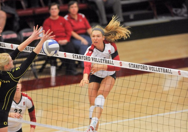 Senior outside blocker Carly Wopat (center) hit .516 in Stanford's two matches against Oregon State last season. The Cardinal has never lost to the Beavers in women's volleyball. (ZETONG LI/The Stanford Daily)