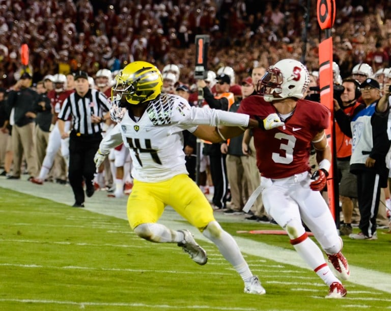 Sophomore wide receiver Michael Rector (right) noted that his success on deep passes recently has opened up shorter routes. Rector led the Cardinal in receiving yardage against both Oregon and USC. (SIMON WARBY/The Stanford Daily)