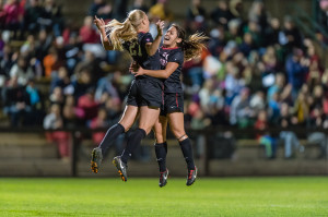 Junior forward Taylor Uhl celebrated her game-winning goal with junior Lo'eau LaBonta during Friday's 1st round NCAA match against Cal State Fullerton. (JIM SHORIN/Stanford Photo)